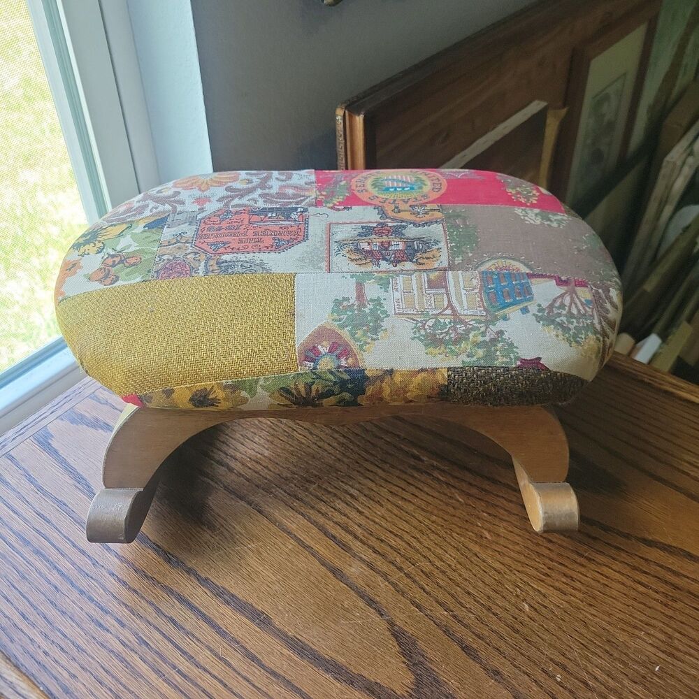 Vtg Antique Rocking Wooden Foot Stool Foot Rest Foldable Upholstered Tapestry
